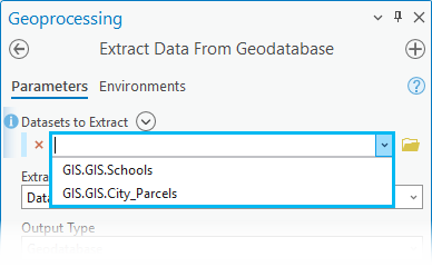 Datasets to Extract parameter on the Extract Data From Geodatabase geoprocessing tool Datasets to Extract parameter on the Extract Data From Geodatabase geoprocessing tool