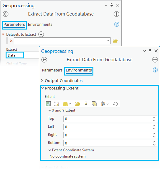 When Data is set as the extent for the Extract Data From Geodatabase tool, the processing extents under Environments are enforced. When Data is set as the extent for the Extract Data From Geodatabase tool, the processing extents under Environments are enforced.