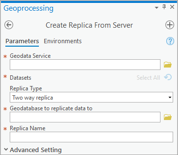Create Replica From Server geoprocessing tool dialog box Create Replica From Server geoprocessing tool dialog box