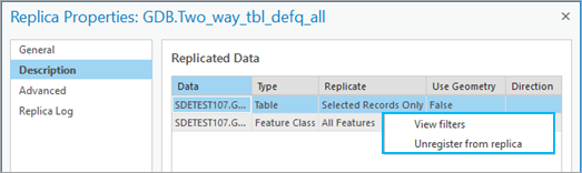 On the Replica Properties dialog box, on the Description tab, select View filters or Unregister from replica. On the Replica Properties dialog box, on the Description tab, select View filters or Unregister from replica.