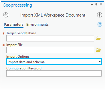 Import XML Workspace Document geoprocessing tool with the Import data and schema option selected for the Import Options parameter Import XML Workspace Document geoprocessing tool with the Import data and schema option selected for the Import Options parameter