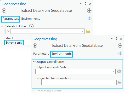 When Schema only is set as the extent for the Extract Data From Geodatabase tool, the output coordinate system under Environments is enforced. When Schema only is set as the extent for the Extract Data From Geodatabase tool, the output coordinate system under Environments is enforced.