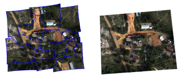 Color-balanced imagery showing seamlines and the resulting orthomosaic Color-balanced imagery showing seamlines and the resulting orthomosaic