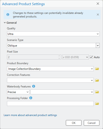 Advanced Product Settings dialog box for generating a point cloud Advanced Product Settings dialog box for generating a point cloud