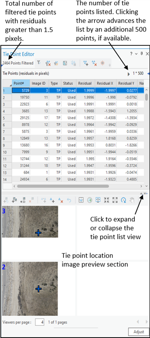Tie Point editor window Tie Point editor window