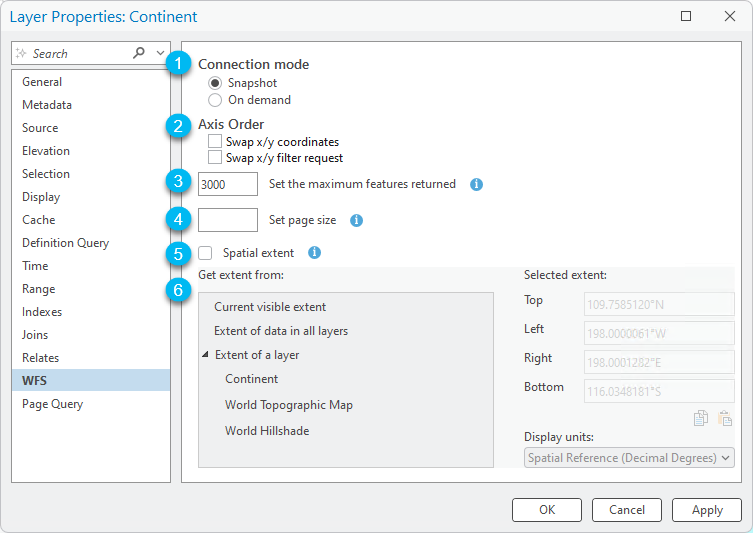 WFS layer properties such as the connection mode, axis order, or maximum number of features returned WFS layer properties such as the connection mode, axis order, or maximum number of features returned