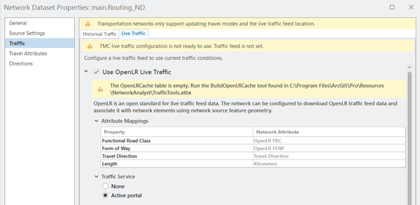 Network Dataset Properties dialog box for main.Routing_ND with warning message