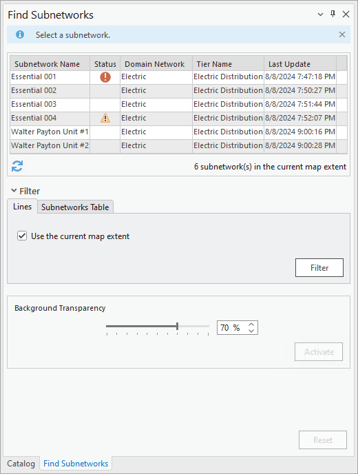 The Find Subnetworks pane displaying subnetworks found in the current extent of the map The Find Subnetworks pane displaying subnetworks found in the current extent of the map