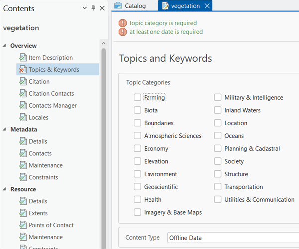 The ArcGIS Pro classic metadata editor can have many pages in the Contents pane and show validation rules at the top of each page