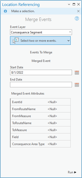 Merge Events pane before event selection Merge Events pane before event selection