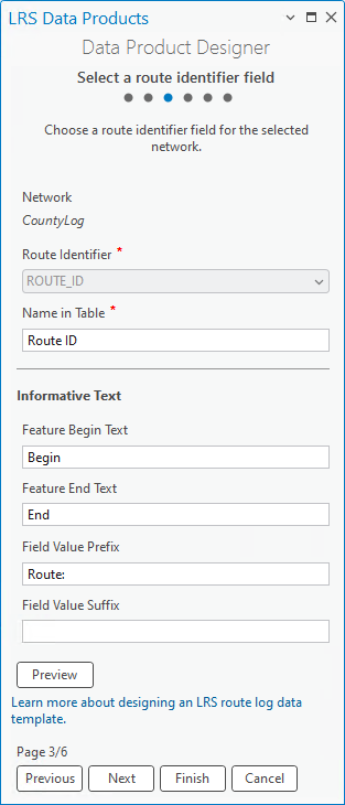 Choose a route identifier field and provide informative texts for a route log template Choose a route identifier field and provide informative texts for a route log template
