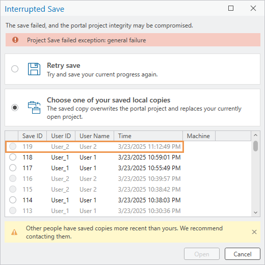 Interrupted Save dialog box with a yellow warning banner Interrupted Save dialog box with a yellow warning banner