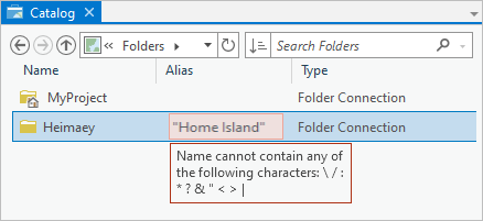 Catalog view showing an alias with disallowed characters Catalog view showing an alias with disallowed characters