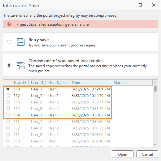 Interrupted Save dialog box with the option to use a saved local copy selected Interrupted Save dialog box with the option to use a saved local copy selected