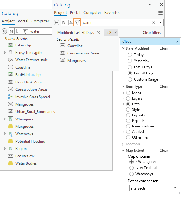 Search results filtered in the Catalog pane Search results filtered in the Catalog pane