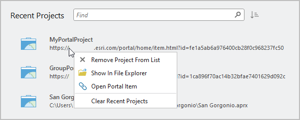Recent Projects list showing the context menu for a portal project