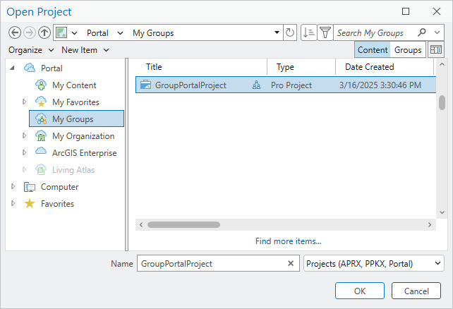 Open Project dialog box with a portal project selected