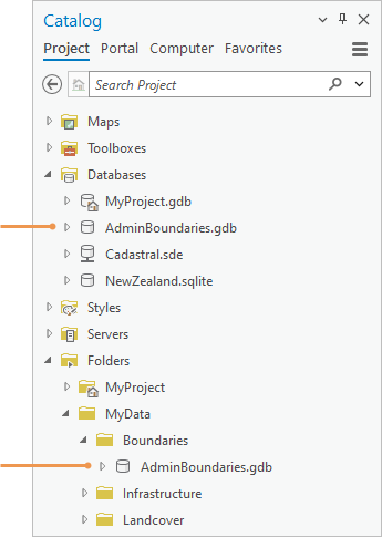 Database and folder connections expanded in the Catalog pane Database and folder connections expanded in the Catalog pane