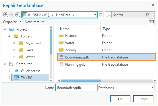 Repair Geodatabase dialog box showing the Boundaries geodatabase selected Repair Geodatabase dialog box showing the Boundaries geodatabase selected