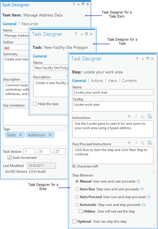 Task Designer pane for a task item, task, and step Task Designer pane for a task item, task, and step