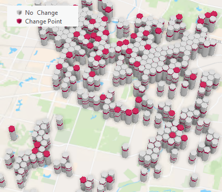 Change points shown in 3D. Change points shown in 3D.