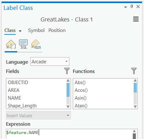 The Label Class expression pane for a feature layer The Label Class expression pane for a feature layer