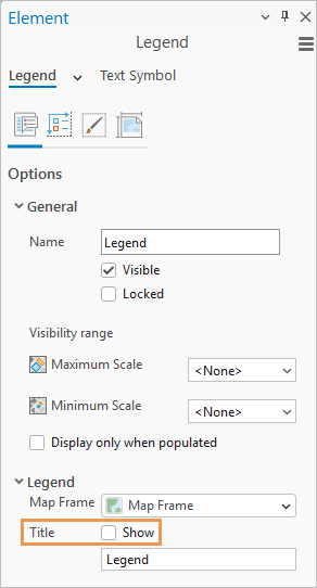 Legend properties with the Show check box unchecked to hide the title Legend properties with the Show check box unchecked to hide the title
