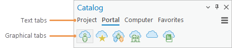 Text and graphical tabs in the Catalog pane Text and graphical tabs in the Catalog pane