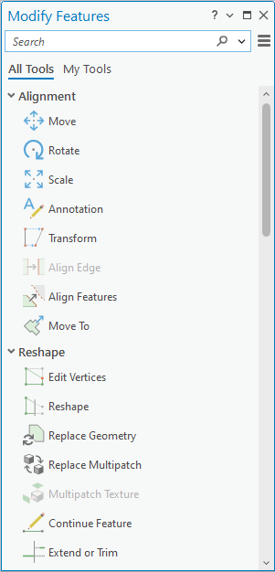 Modify Features pane with editing functions Modify Features pane with editing functions