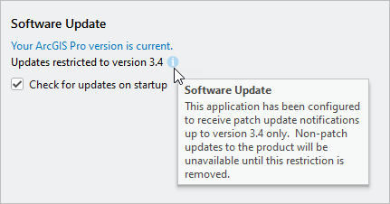 About ArcGIS Pro page showing software updates restricted to version 3.4 About ArcGIS Pro page showing software updates restricted to version 3.4