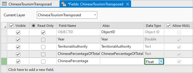 Fields view of the transposed table with a field added Fields view of the transposed table with a field added