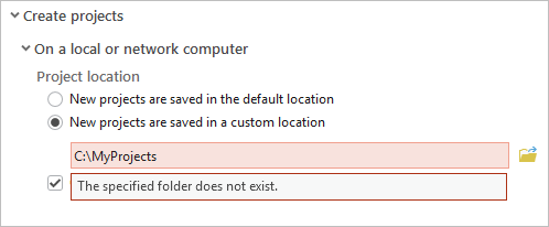 General page of the Options dialog box displaying an invalid path error General page of the Options dialog box displaying an invalid path error