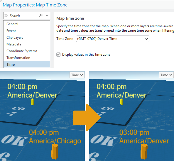 Map Properties dialog box and two maps showing time values before and after time zone adjustment Map Properties dialog box and two maps showing time values before and after time zone adjustment