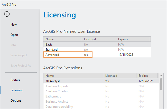 Licensing tab in ArcGIS Pro settings Licensing tab in ArcGIS Pro settings
