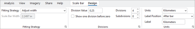 Scale bar properties on the Design tab of the ribbon Scale bar properties on the Design tab of the ribbon