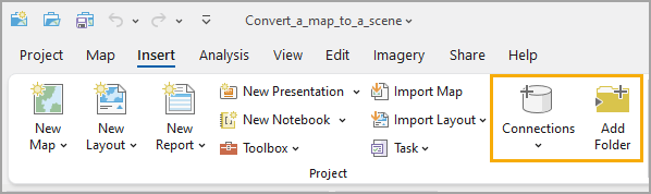 Insert tab on the ribbon showing the Connections button and the Add Folder Connection button Insert tab on the ribbon showing the Connections button and the Add Folder Connection button