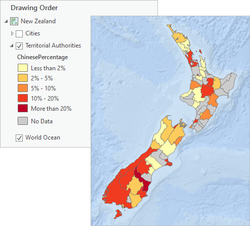 Contents pane and map with graduated color symbology Contents pane and map with graduated color symbology
