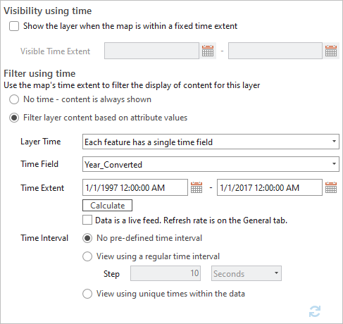 Layer Properties dialog box with time settings Layer Properties dialog box with time settings