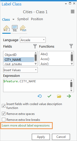 Label Class pane with a link to a help topic on label expressions Label Class pane with a link to a help topic on label expressions
