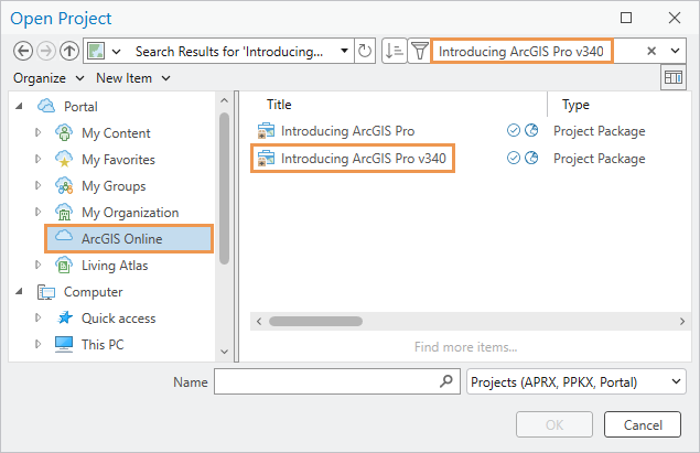 Open Project dialog box showing search term and search results Open Project dialog box showing search term and search results