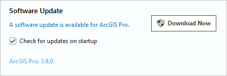 Software update message on the About ArcGIS Pro page Software update message on the About ArcGIS Pro page