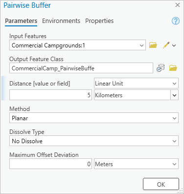 Pairwise Buffer tool dialog box Pairwise Buffer tool dialog box