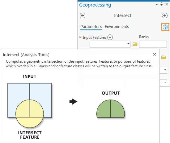 Help pop-up for the Intersect geoprocessing tool Help pop-up for the Intersect geoprocessing tool