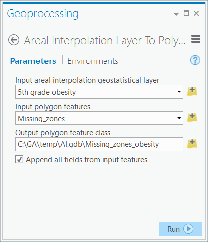Areal Interpolation Layer To Polygons geoprocessing tool dialog box Areal Interpolation Layer To Polygons geoprocessing tool dialog box