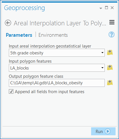 Areal Interpolation Layer To Polygons geoprocessing tool dialog box Areal Interpolation Layer To Polygons geoprocessing tool dialog box