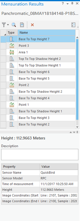 The Mensuration Results pane listing the image objects measured The Mensuration Results pane listing the image objects measured