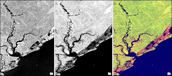VV polarized, VH polarized, and false-color SAR data VV polarized, VH polarized, and false-color SAR data