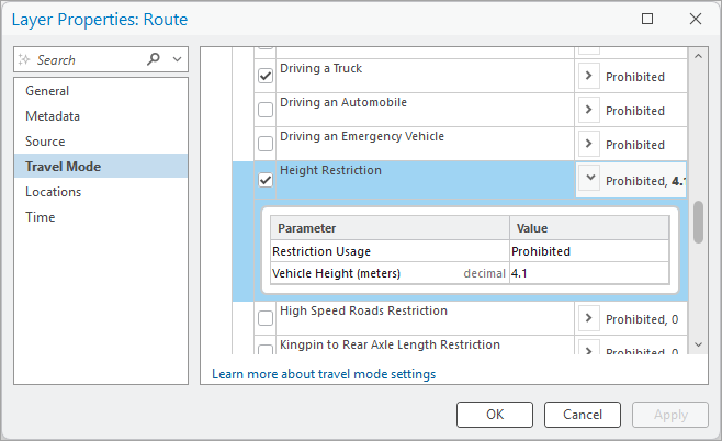 Travel mode property page showing the attribute parameter values for the selected restriction Travel mode property page showing the attribute parameter values for the selected restriction