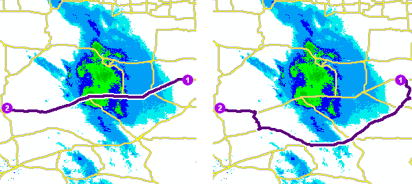 Two maps demonstrate how a scaled cost polygon barrier affects a route analysis. Two maps demonstrate how a scaled cost polygon barrier affects a route analysis.