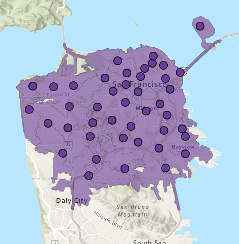 Areas that can be reached in a four-minute drive from each fire station Areas that can be reached in a four-minute drive from each fire station